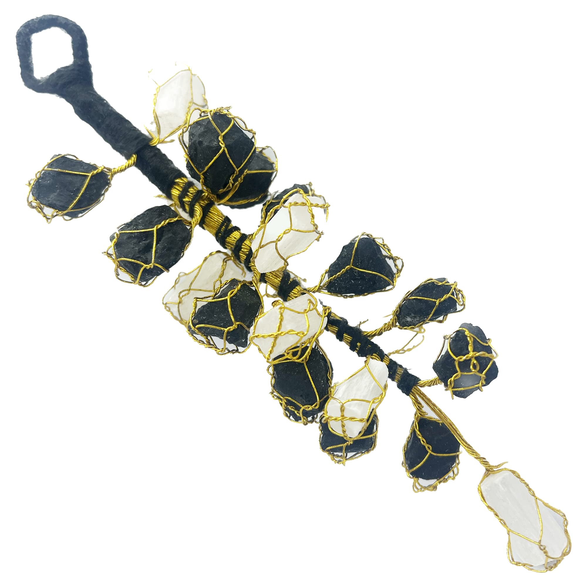 KITREE Energised Natural Selenite & Black Tourmaline Crystal Hanging Tree with 21 Beads (Color White & Black)