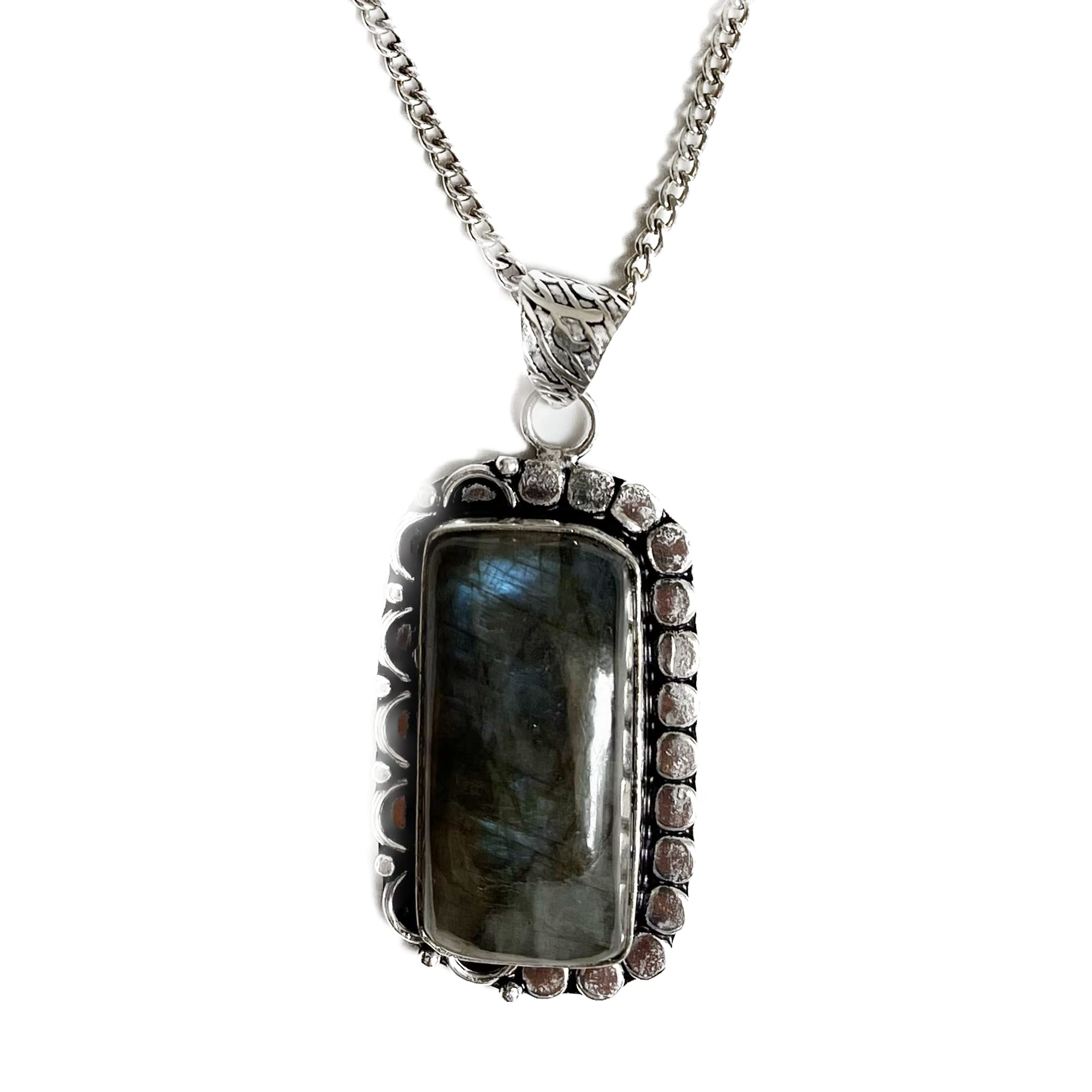 KITREE NATURAL LABRADORITE CRYSTAL STONE RECTANGLE PENDENT WITH CHAIN FOR UNISEX 5 CM APPROX. (COLOR GREY) (DESIGN 01)