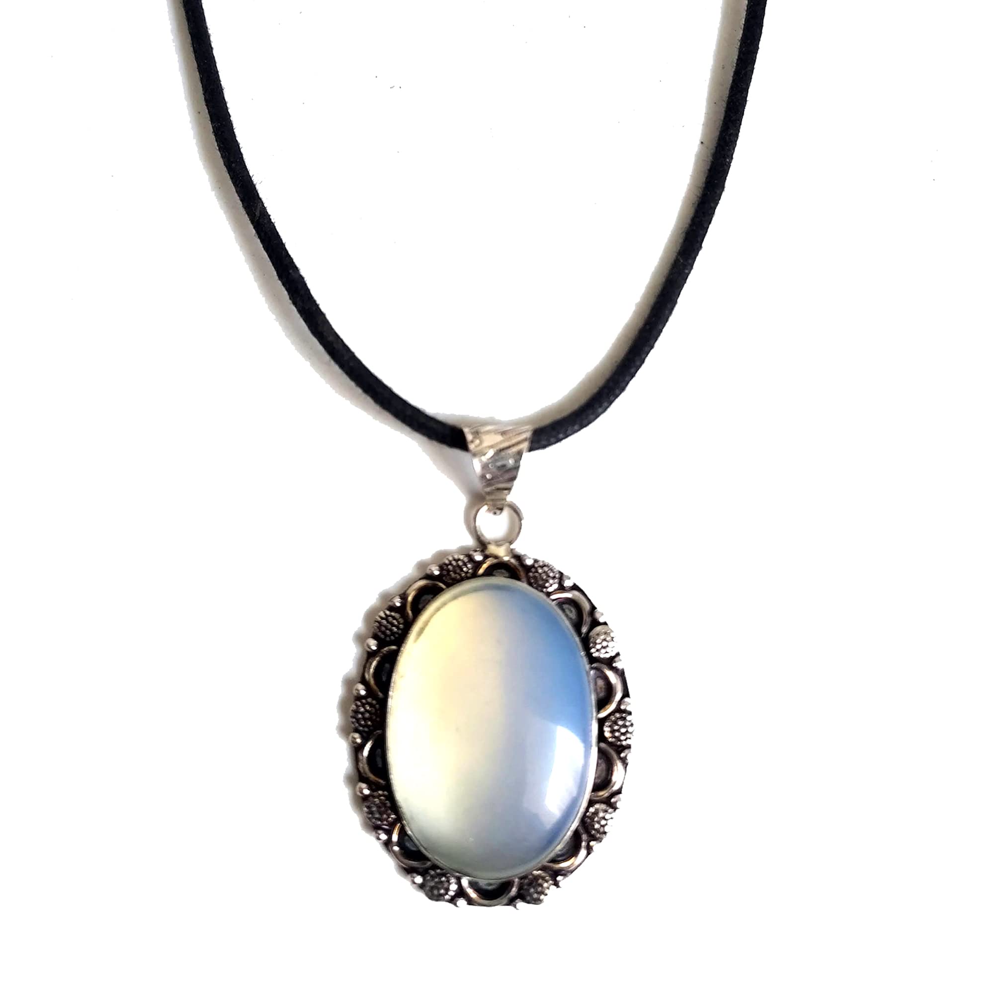 KITREE NATURAL OPALITE CRYSTAL ANTIQUE DESIGN OVAL SHAPE PENDENT WITH BLACK THREAD FOR GIRLS AND WOMENS (COLOR OFF WHITE) (pendent)