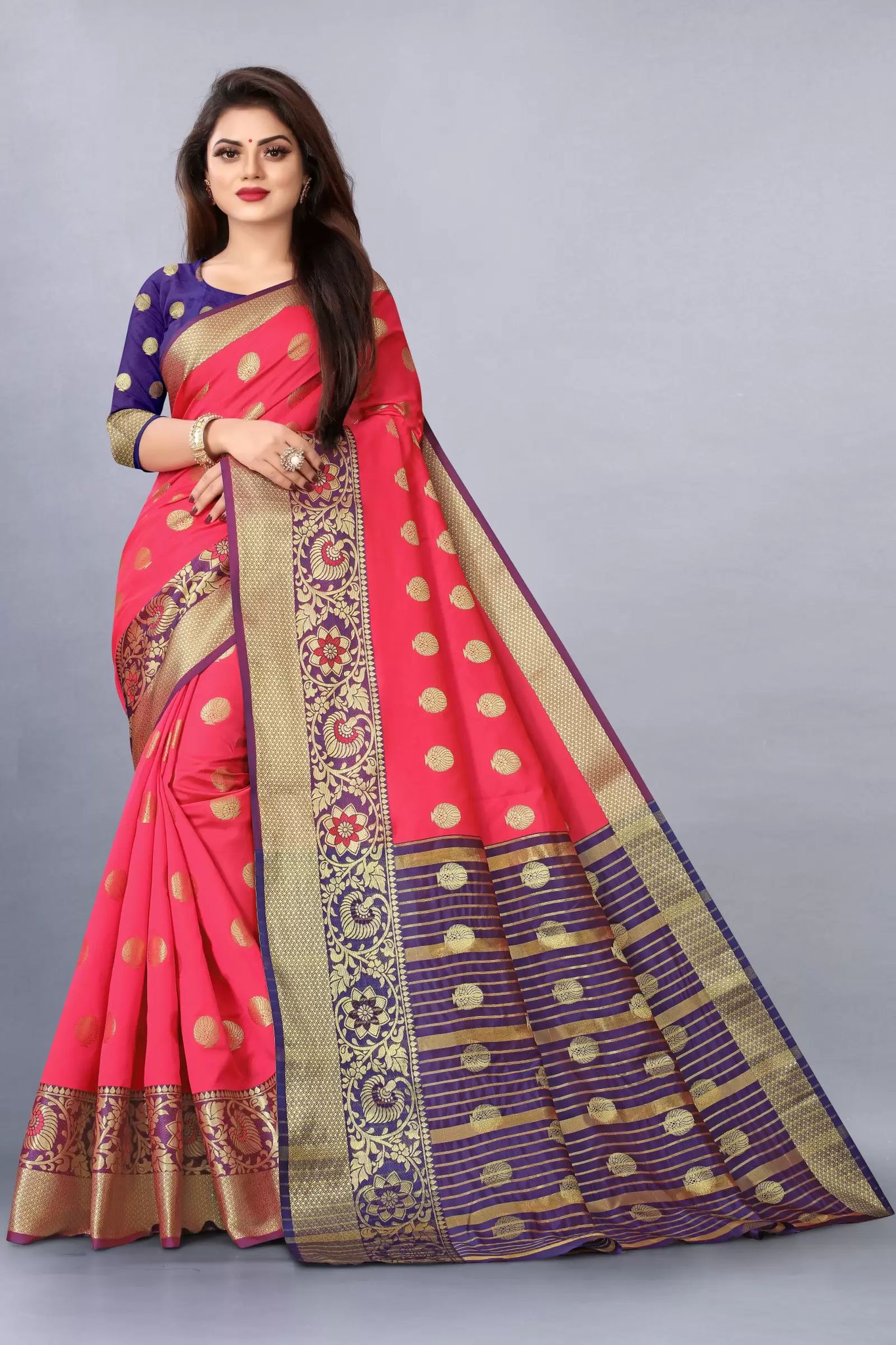 FLORANCE FAB Floral Print, Woven Bollywood Cotton Silk, Jacquard Saree (Tameto, Blue)