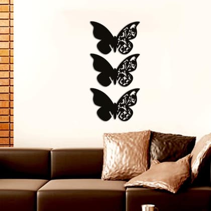 Dbeautify Beautiful Butterfly Design MDF Wooden Modern Wall Art Hanging for Children Bedroom Decoration in Black Color Size 12 Inches Set of 3 Pieces