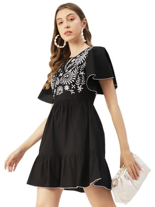 Moomaya Solid Cotton Dress, Flutter Sleeves Embroidered Casual Summer Dress