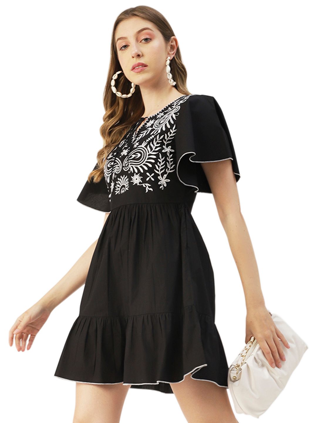 Moomaya Solid Cotton Dress, Flutter Sleeves Embroidered Casual Summer Dress