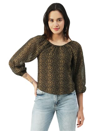 Moomaya Printed Top, Round Neck Sheer Long Sleeve Tops For Women