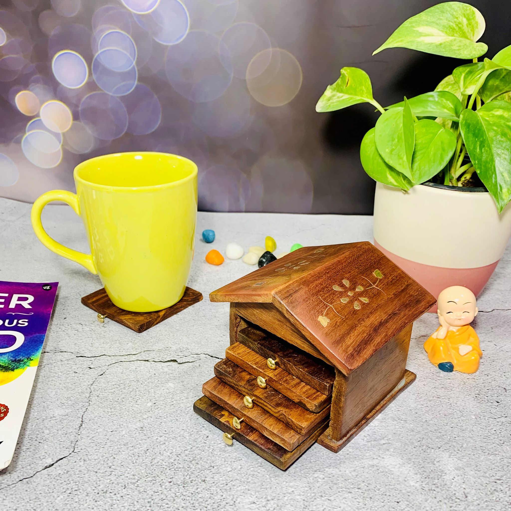 Homefrills Wooden Hut shape Coaster Set for Tea Cups Coffee Mugs Beer Cans Bar Tumblers and Water Glasses for Kitchen/Dining Table/Office/Restaurant  - Handmade Wooden Coasters - Set of 6