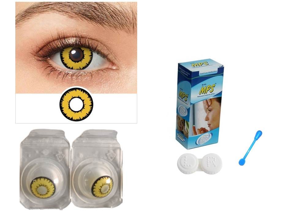 GOLDEN YELLOW MD SPARKLE MONTHLY CRAZY CONTACT LENS/HORROR LENS WITH CASE, LENS HOLDER AND 80 ML SOLUTION