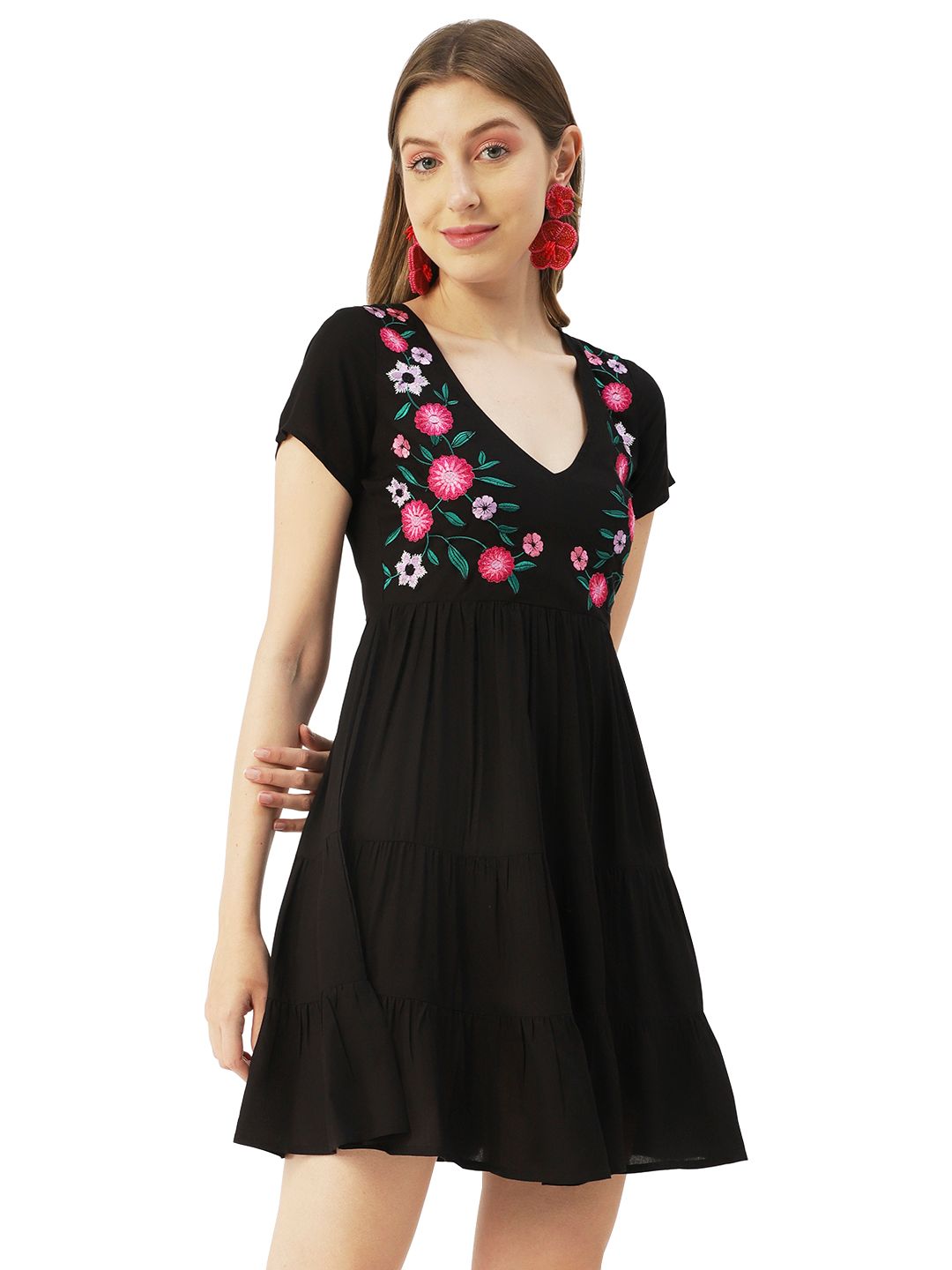 Moomaya Solid Viscose Short Sleeves Embroidered Dress, Beach Summer Short Dress