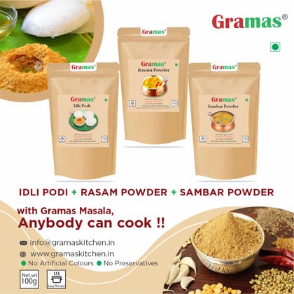 Gramas Spices Combo pack Idly Podi+samabar Powder+ Rasam Powder (100gms x3) Gramas Spices Combo pack Idly Podi+samabar Powder+ Rasam Powder (100gms x3)