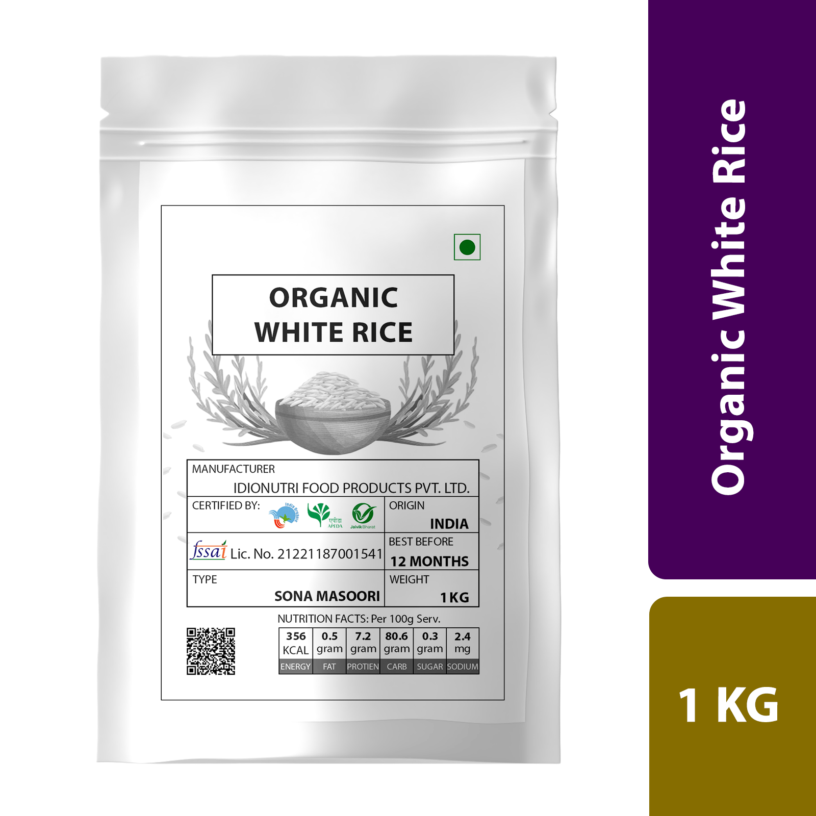 Cosmos Organic Sona Masoori Rice (1 Kg) White Aged 12 Months