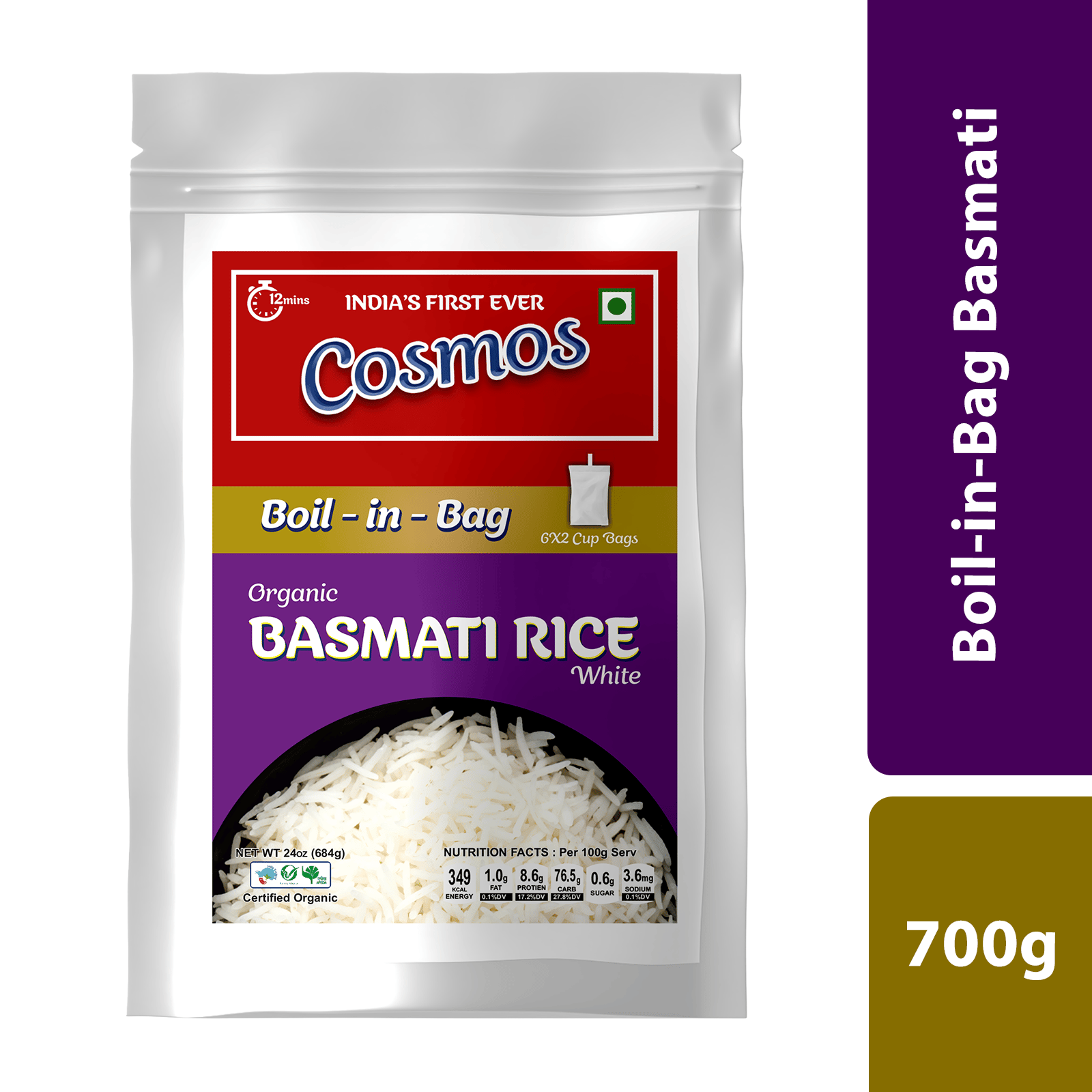 Cosmos Boil-in-Bag Organic Basmati White Rice (Pack of 2) Ready-to-Cook Premium