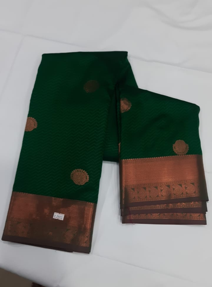 Women Semi Pattu Saree Silk Blend Saree silk with all over butta green color saree with pink color and blouse