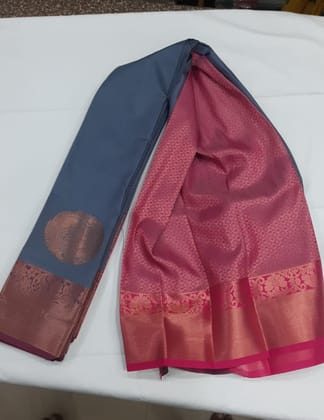 Women Semi Pattu Saree Silk Blend Saree boder butta , grey color saree with pink color pallu and blouse