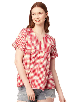 Moomaya Women Printed Short Sleeves Cotton Top, V Neck Long Length Flared Summer Tunic Top