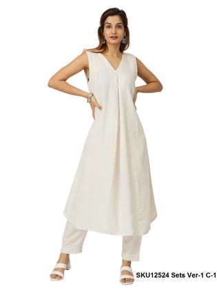 Elegant White V-Neck Sleeveless Cotton Kurta with Trousers Set