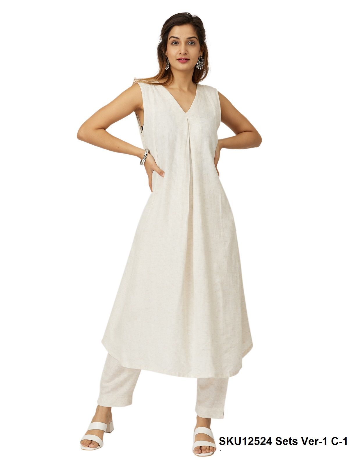 Elegant White V-Neck Sleeveless Cotton Kurta with Trousers Set