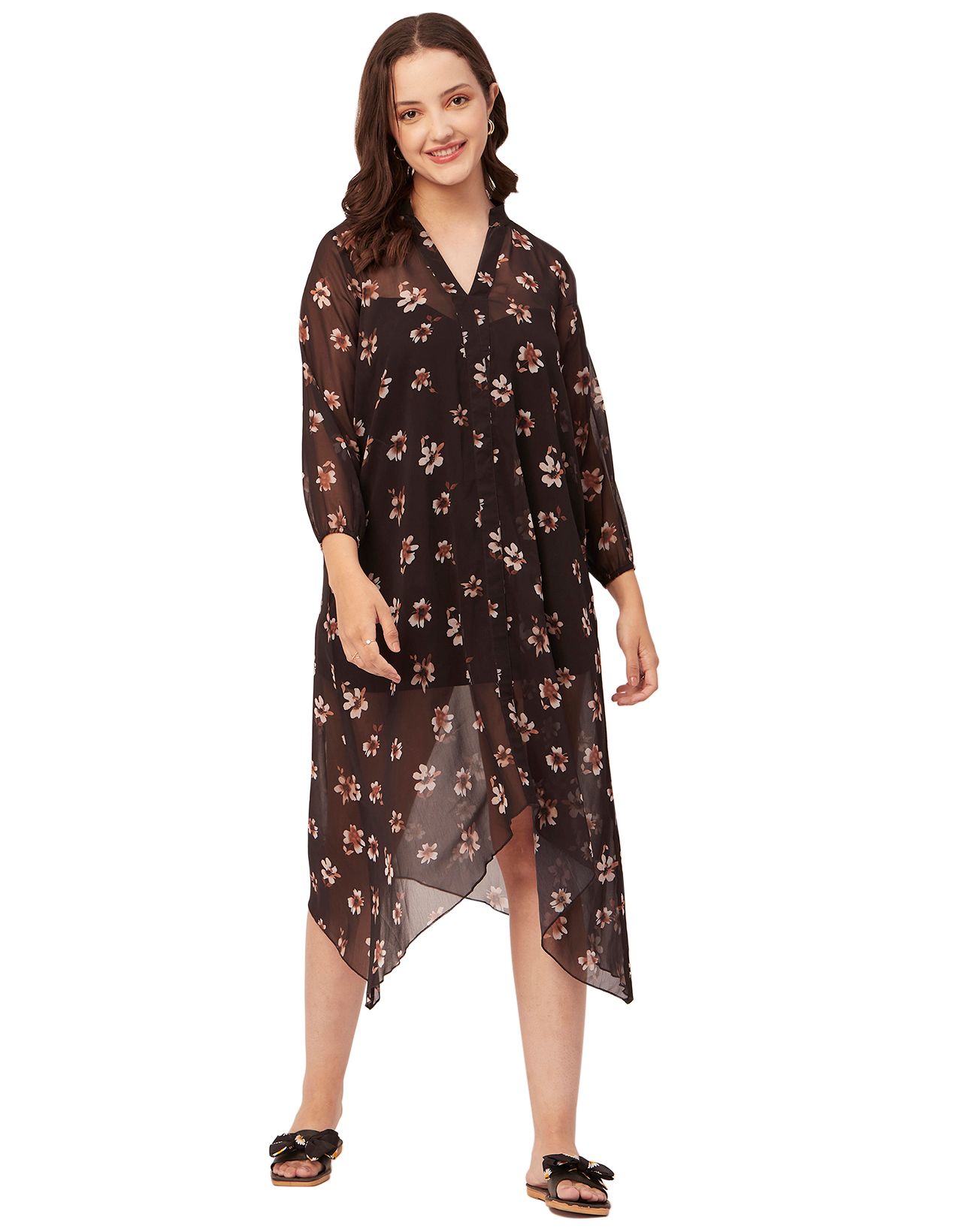 Moomaya Printed Long Sheer Dress For Women, Full Sleeve Poly Georgette Vacation Dresses
