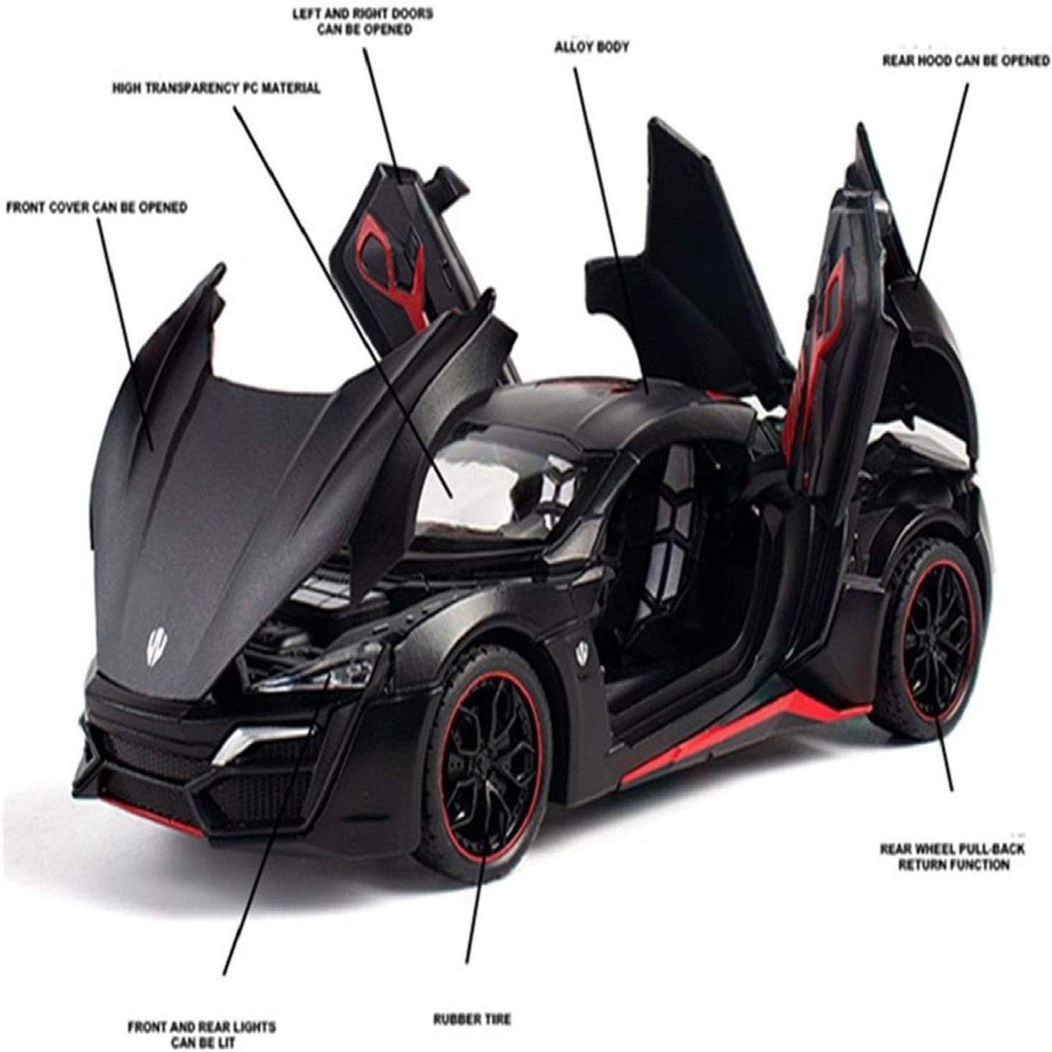 KTRS ENTERPRISE 1:24 LYKAN Hyper Sport Diecast Metal Pullback Openable Doors Toy Cars with Flashing Light Musical Sound for Gifts Toys for Kids Boys and Girls Children (Colour AS PER Stock)