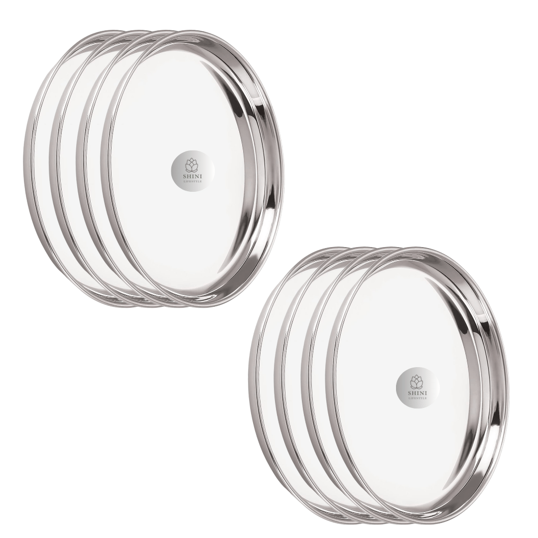 SHINI LIFESTYLE High Gloss Mirror Finish Bhojan Thali Set, Dinner Plates, Lunch Plate(Dia-30cm, 8Pc)