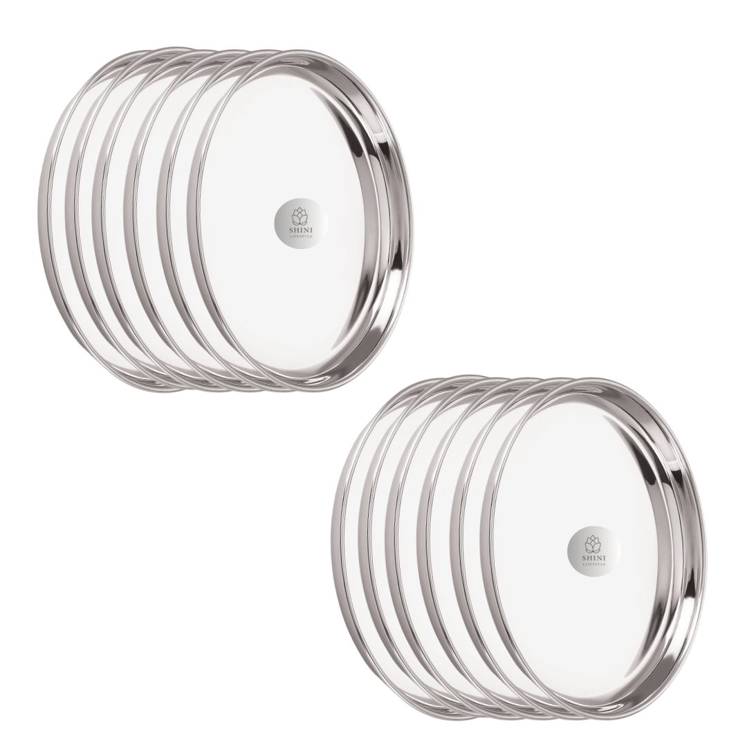 SHINI LIFESTYLE High Gloss Mirror Finish Bhojan Thali Set, Dinner Plates, Lunch Plate(Dia-30cm, 12Pc)