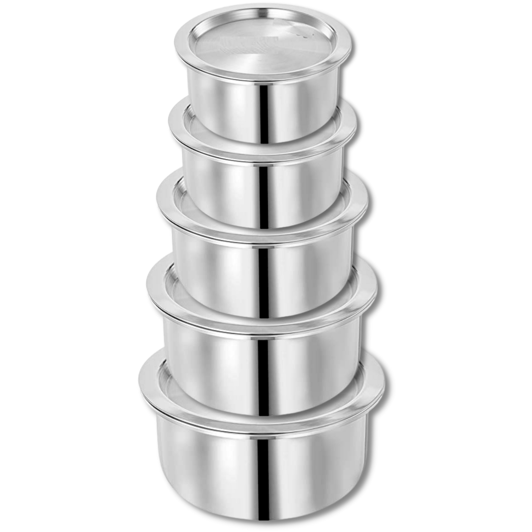SHINI LIFESTYLE Aluminium Bhagona, Patila, Tope, Pateli, Tapeli, Cookware tope, Milk Tope Set 5 L, 4.5 L, 4 L, 3 L, 2.5 L capacity 26 cm, 24 cm, 23 cm, 21 cm, 20 cm diameter