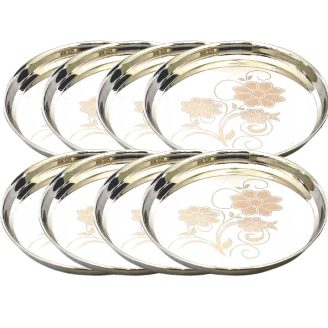 SHINI LIFESTYLE Stainless Steel Plate, khumcha Thali, Floral design, Light weight dinner plate 8pc