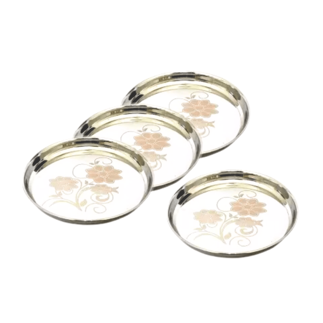 SHINI LIFESTYLE Stainless Steel Plate, khumcha Thali, Floral design, Light weight dinner plate 4pc