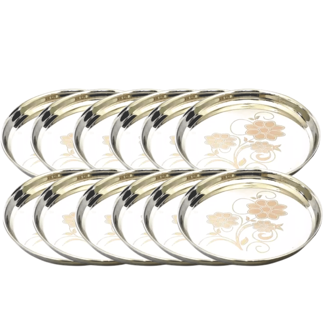 SHINI LIFESTYLE Stainless Steel Plate, khumcha Thali, Floral design, Light weight 30cm dinner plate 12pc