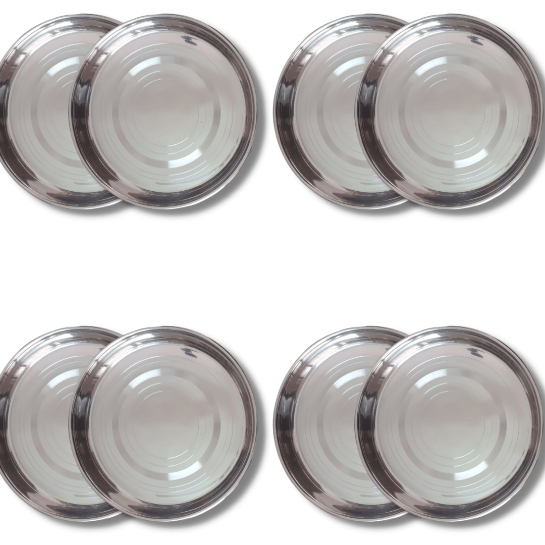 SHINI LIFESTYLE Stainless Steel Plate, khumcha, Thali, laser design, mid size dinner plate 8pc
