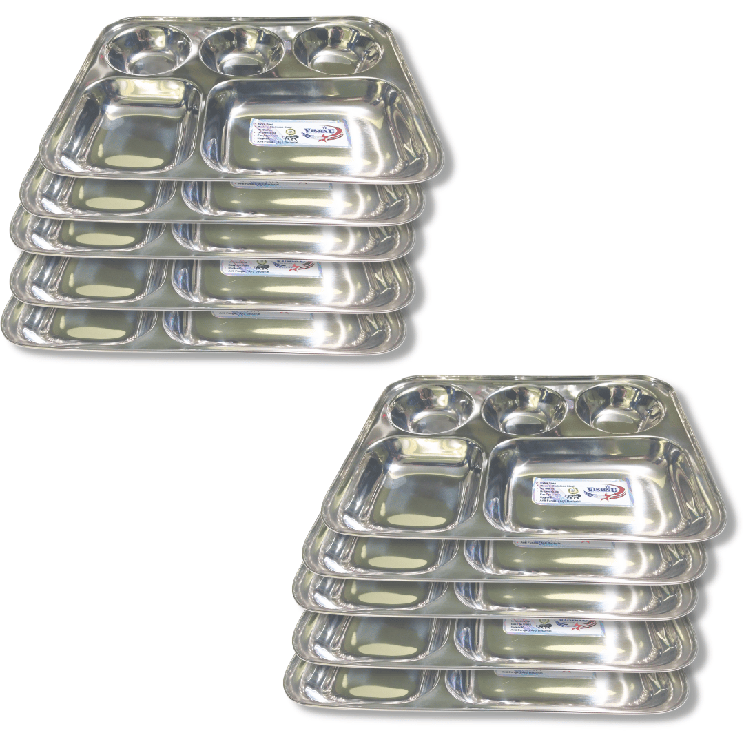 SHINI LIFESTYLE Bhojan Thal, 5 column, Stainless Steel Plate for dining, Super Premium Quality Dinner Plate (Pack of 10)