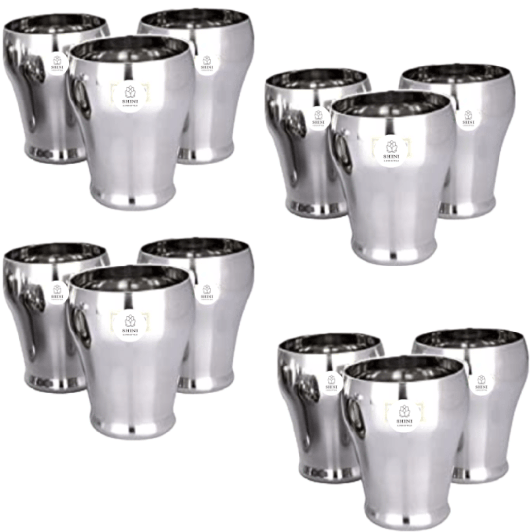 SHINI LIFESTYLE (Pack of 12) Stainless Steel Designer Glass, Heavy Gauge Glass Set Water/Juice Glass (350 ml, Steel, Silver)