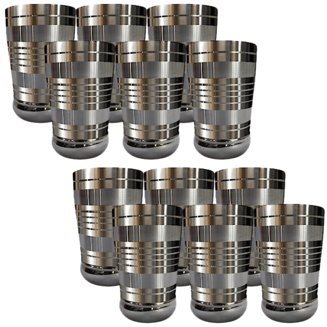 SHINI LIFESTYLE (Pack of 12) Stainless Steel Glass, Heavy gauge, Affordable 12pc water glass Glass Set Water/Juice Glass (375 ml, Steel, Silver)