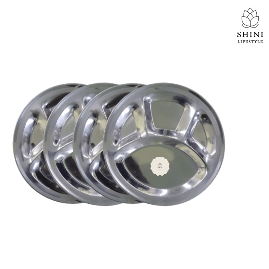 SHINI LIFESTYLE Bhojan Thal, 4 column, Stainless Steel Plate for dining,Thali Sectioned Plate (Pack of 4)