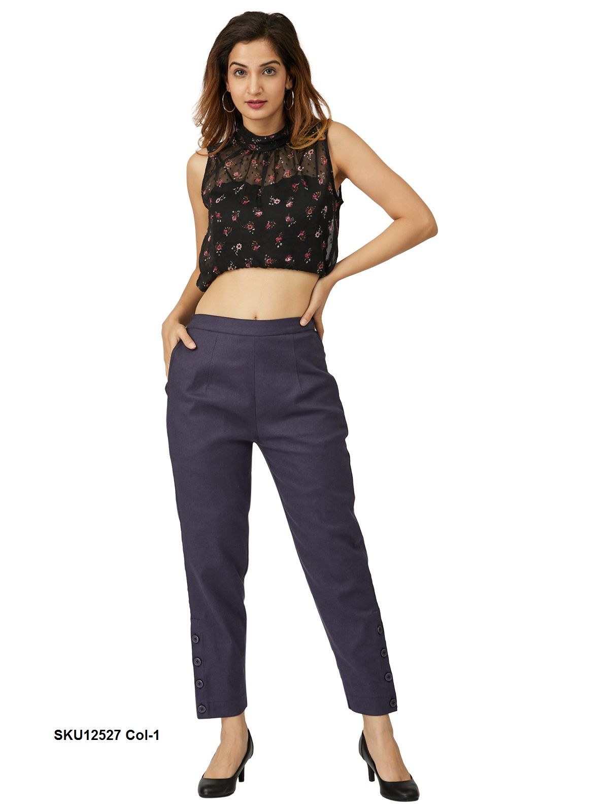 Stylish Blue Cotton Trousers for Women with Button Detail