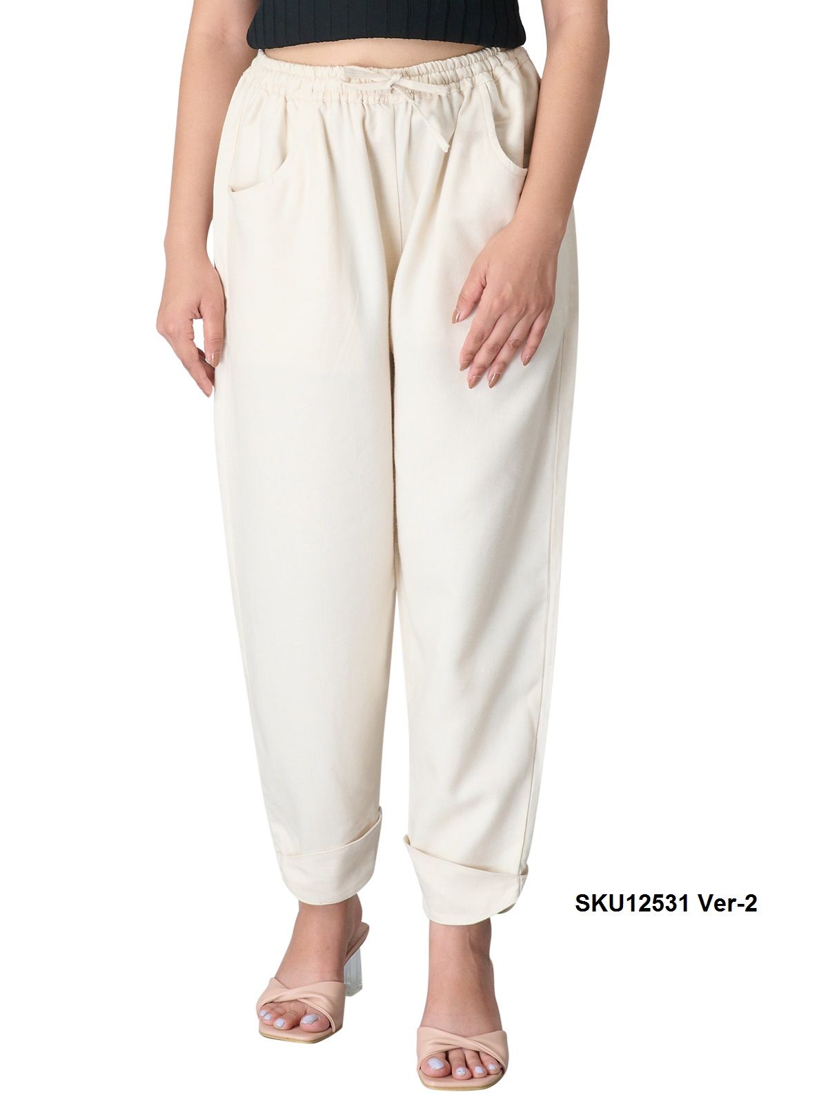 Women's Beige Regular Fit Cotton Casual Pants