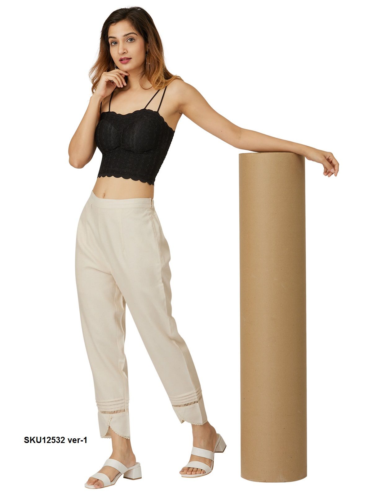 Women's Black Lace Crop Top with Cream Cotton Ankle-Length Pants