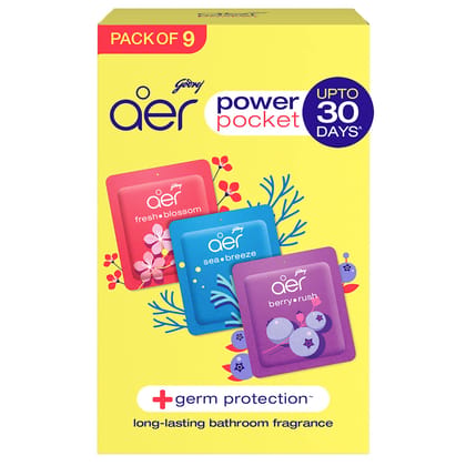 Godrej Aer Power Pocket | Air Freshener- Bathroom and Toilet | Lasts Up to 30 days | Assorted Pack of 9 (90g)