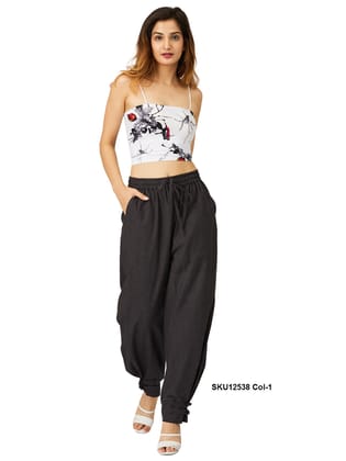 Women's Solid Cotton Harem Pants with Floral Print Spaghetti Strap Crop Top