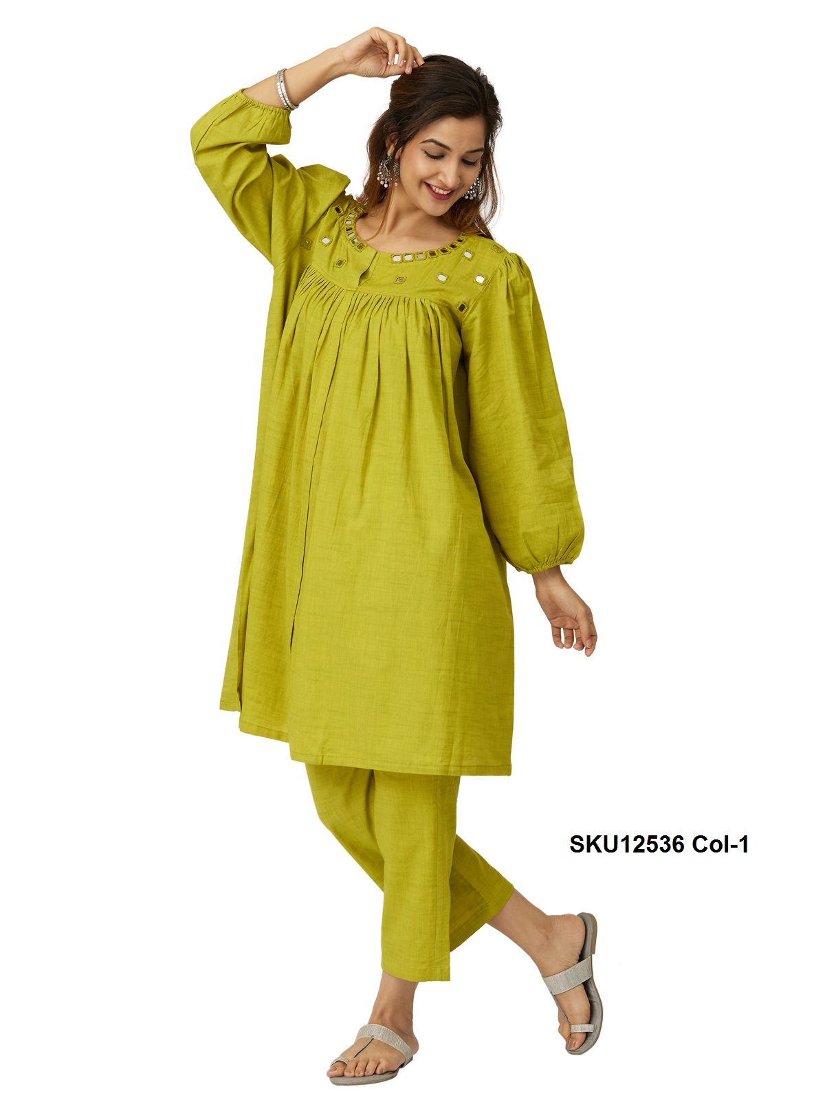 Lime Green Cotton Co-ord Set for Women with Mirror Work & Balloon Sleeves