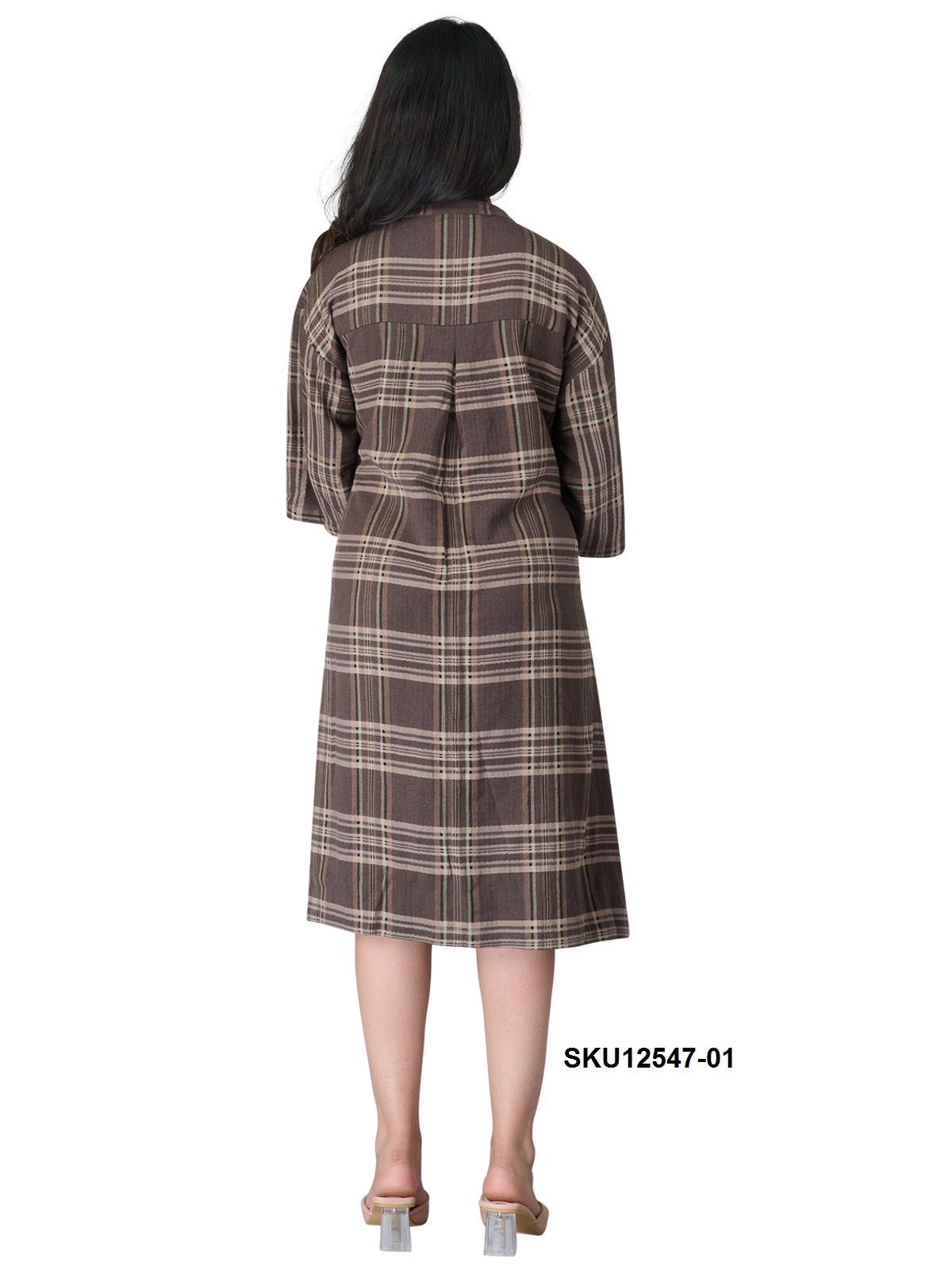 Women's Plaid Brown Cotton Midi Dress with 3/4 Sleeves