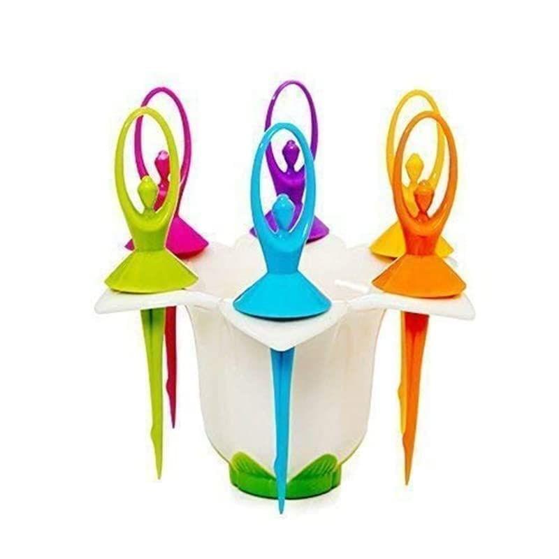 Store4Hope Dancing Doll Fruit Fork Cutlery Set with Stand Set of 6