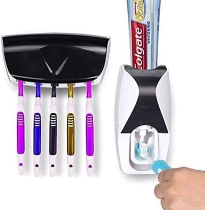 Store4Hope Wall Mounted Toothbrush Holder with Additional Automatc Toothpaste Dispenser/ Squeezer Kit . Magnetic Shelf & Toothpaste Holder Organizer (White)