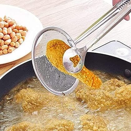 Store 4 Hope, Kitchen Multi-Functional 2 in 1 Fry Tool Filter Spoon Snack Strainer with Clip, Oil Frying Filter Stainless Steel Mesh Colander Serving