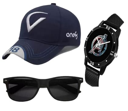 Cron A New Adjustable D Blue Virat Cap & Black Watch + Sunglass for Men & Boys, Women (Pack of 3)