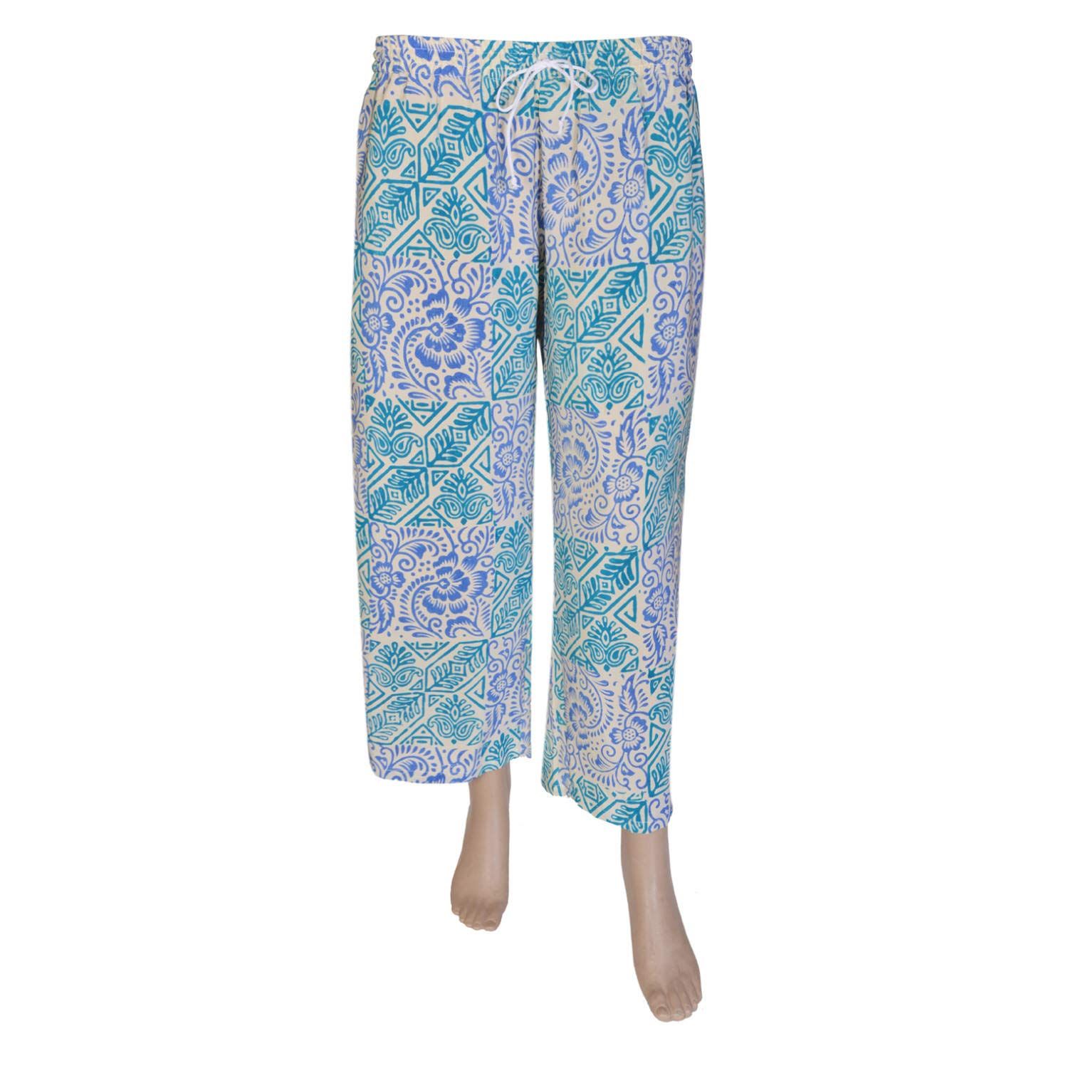 Women's Light Blue & White Printed Cotton Palazzo Pants