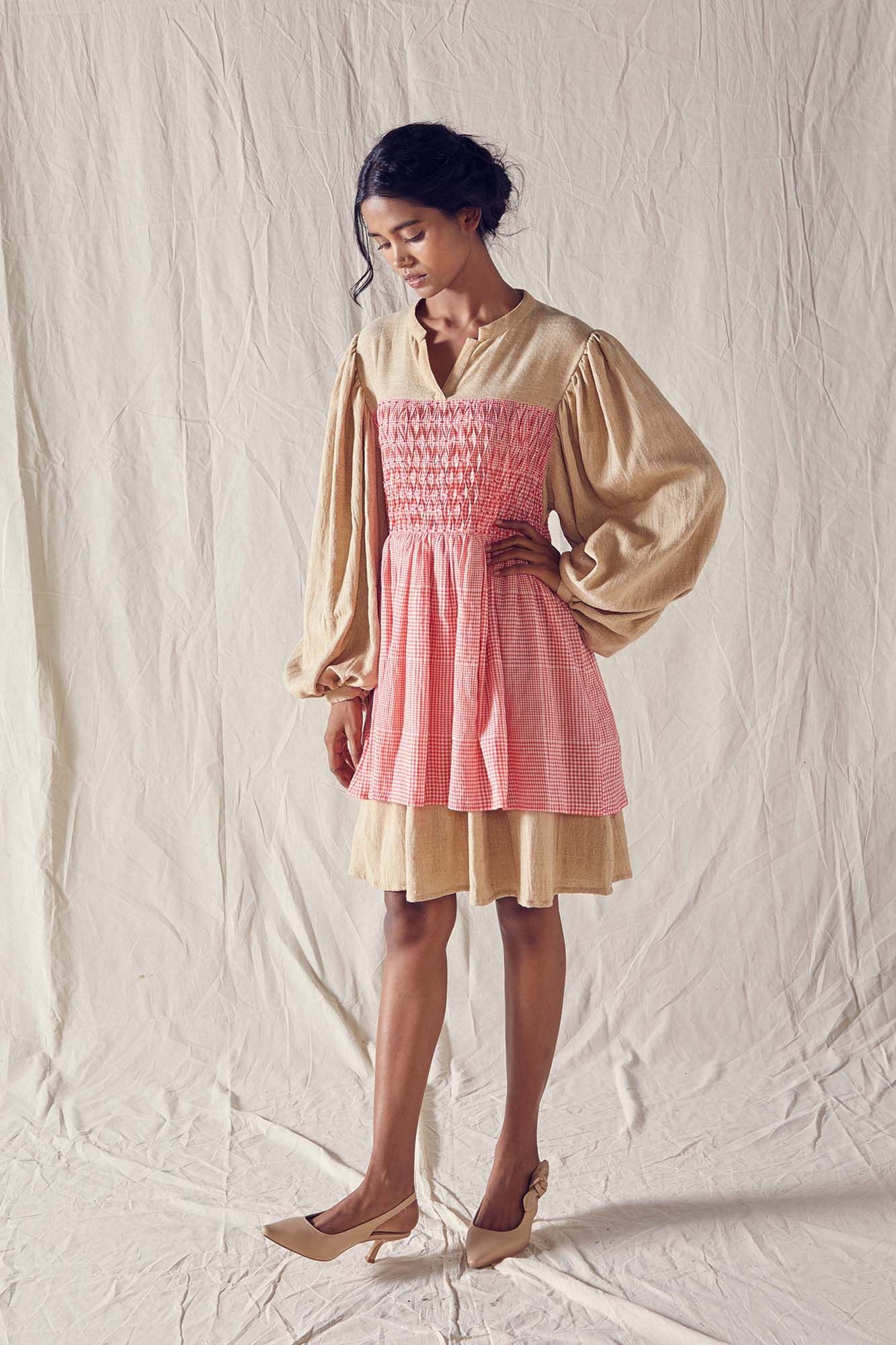 Honeycomb Detail Dress In Beige Organic Cotton And Red Checks Cotton Khadi Mulmul