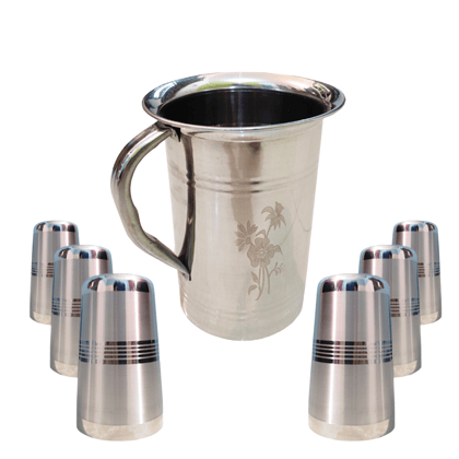 SHINI LIFESTYLE Stainless Steel Jug and Glass Set Laser design glass floral jug SHINI LIFESTYLE Stainless Steel Jug and Glass Set Laser design glass floral jug