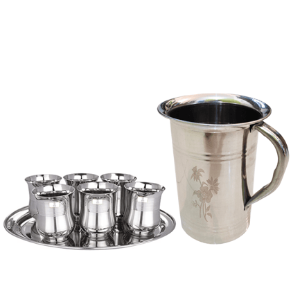 SHINI LIFESTYLE Stainless Steel Jug and Glass Set,Laser design damru glass, floral jug SHINI LIFESTYLE Stainless Steel Jug and Glass Set,Laser design damru glass, floral jug