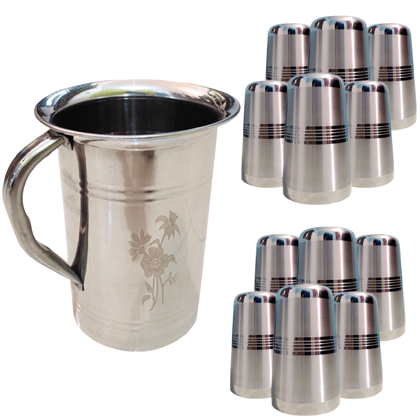 SHINI LIFESTYLE Stainless Steel Jug and Glass Set, 12pc Laser design glass, floral jug SHINI LIFESTYLE Stainless Steel Jug and Glass Set, 12pc Laser design glass, floral jug