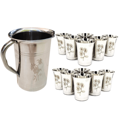 SHINI LIFESTYLE Steel floral design Jug and 12pc Laser floral design glass, jug glass set SHINI LIFESTYLE Steel floral design Jug and 12pc Laser floral design glass, jug glass set