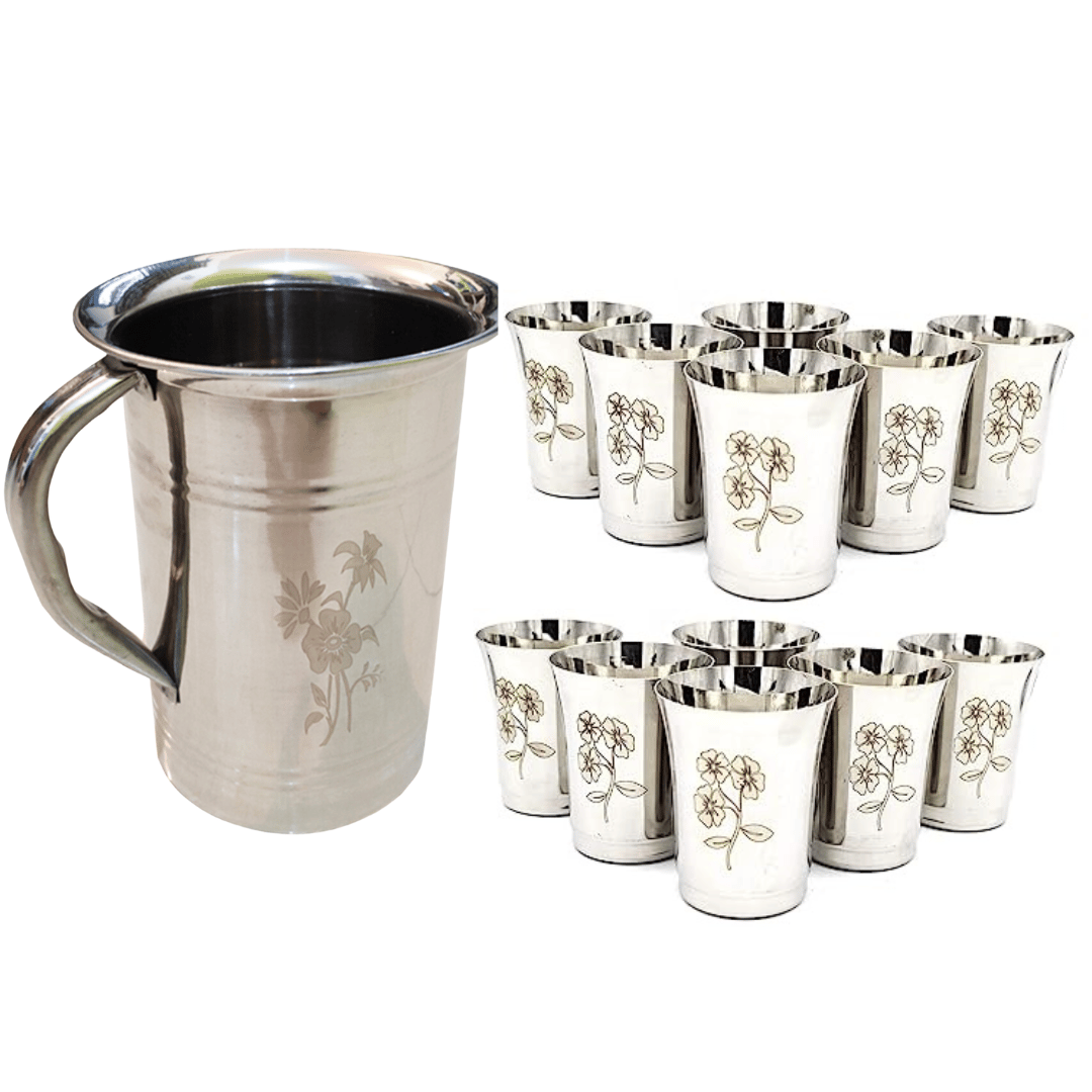 SHINI LIFESTYLE Steel floral design Jug and 12pc Laser floral design glass, jug glass set